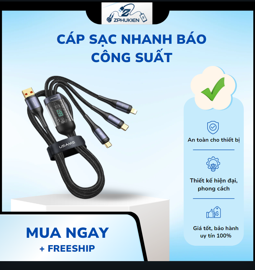 Dây Sạc Tự Ngắt - Dây Cáp Sạc Dữ Liệu Sạc Nhanh 100W Micro USB Type C 3 Trong 1 6A
