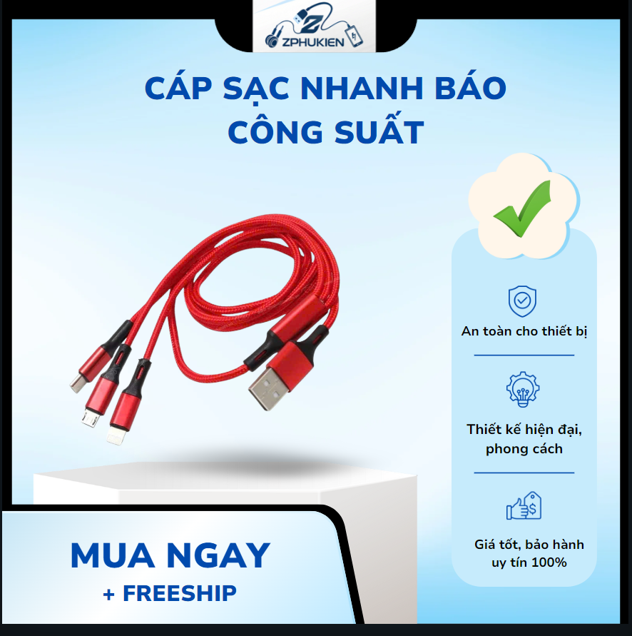 Dây Sạc Tự Ngắt - Dây Cáp Sạc Dữ Liệu Sạc Nhanh 100W Micro USB Type C 3 Trong 1 6A - Ảnh 3