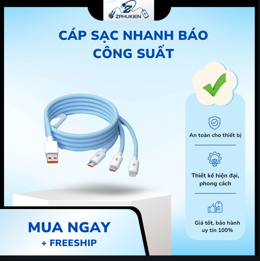 Dây Sạc Tự Ngắt - Dây Cáp Sạc Dữ Liệu Sạc Nhanh 100W Micro USB Type C 3 Trong 1 6A - Ảnh 2