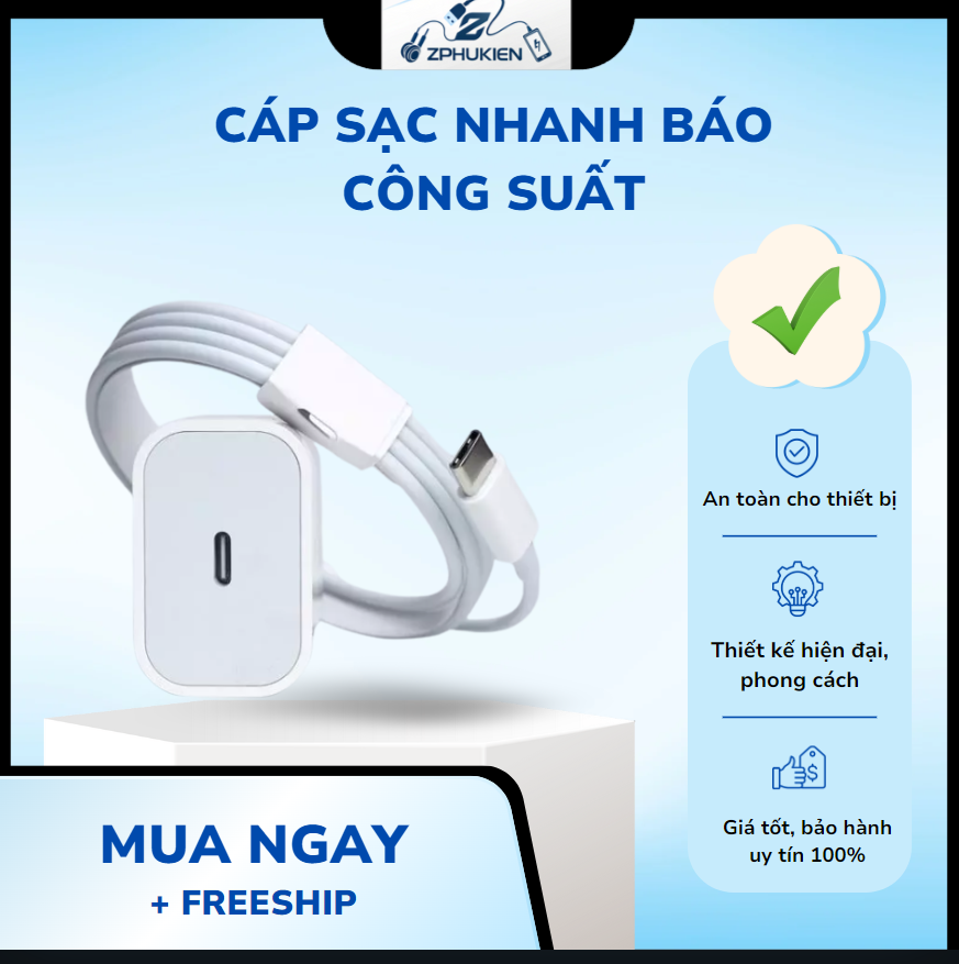 Bộ sạc nhanh (Củ PD 20W + Dây sạc nhanh Type-C) không nóng máy, an toàn ổn định cho điện thoại