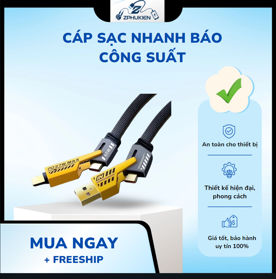 Củ Sạc Nhanh Đa Năng 4IN1 65W Cao Cấp, Dây Dù Chống Đứt - Cho USB-Type C, Type C-Type C, Type C- iP