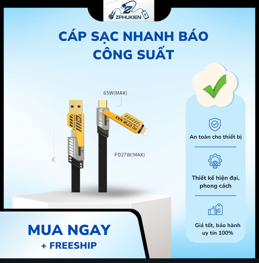 Củ Sạc Nhanh Đa Năng 4IN1 65W Cao Cấp, Dây Dù Chống Đứt - Cho USB-Type C, Type C-Type C, Type C- iP - Ảnh 3