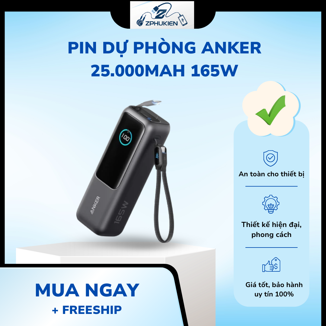 Pin dự phòng Anker 25.000mAh 165W tích hợp cáp rút gọn A1695